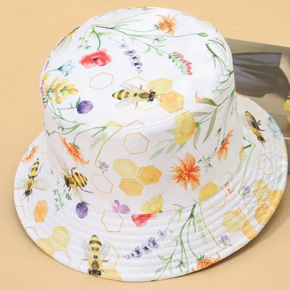 Pretty Reversible Bucket Hat Honeycomb, Bees and Flowers and Black